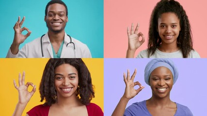 A diverse group of individuals expresses positivity with an okay gesture, showcasing unity in healthcare. They wear varied outfits against vibrant backgrounds, promoting lifestyle wellness.