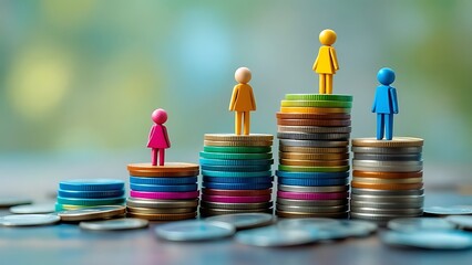 Wooden figures on stacked coins socioeconomic inequality