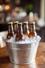 Five brown beer bottles cooling in an ice bucket