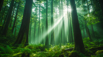 Fototapeta premium Sunlight filters through a lush green forest, illuminating the serene path. A tranquil scene of nature's beauty.