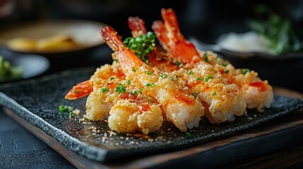 Fototapeta premium A plate of shrimp tempura with a sweet chili sauce and chives