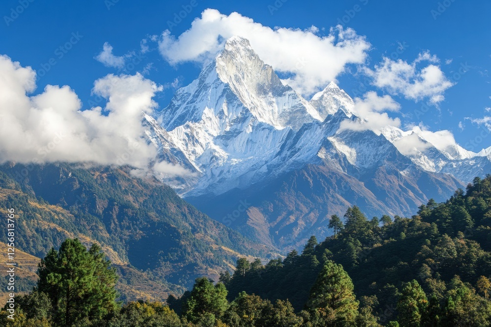 Poster Majestic mountain range with soft clouds under a blue sky and blank space for text. Generative AI
