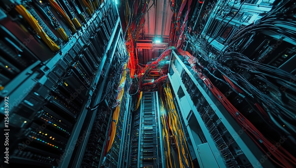 Poster exploring the intricate network of servers and cables in a modern data center: a visual journey into