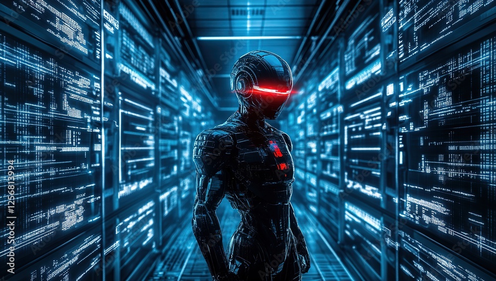 Poster advanced robot navigates digital data streams in futuristic server room, exploring ai and cybersecur