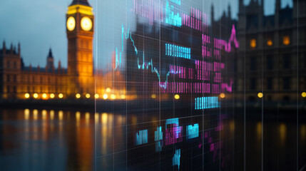 Financial market data overlays London skyline, showcasing global stock trends near Big Ben and reflecting economic insights and strategies.