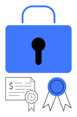 Large blue lock, document with dollar sign, signed certificate, and ribbon award. Ideal for financial security, authentication, certification, recognition, digital protection legal agreements
