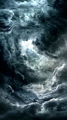 Dark, swirling storm clouds above, intense light breaks through, ominous background for dramatic weather concept, ideal for film, games, or design