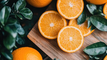 Freshly Sliced Oranges on a Wooden Board Surrounded by Leaves