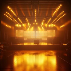 Empty stage, illuminated, concert hall, golden light show