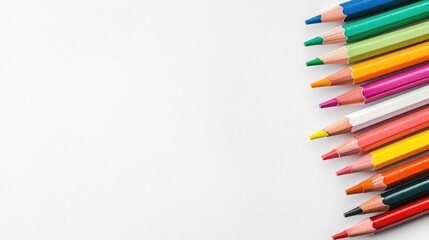 Colorful pencils on white background, space for text, art supplies