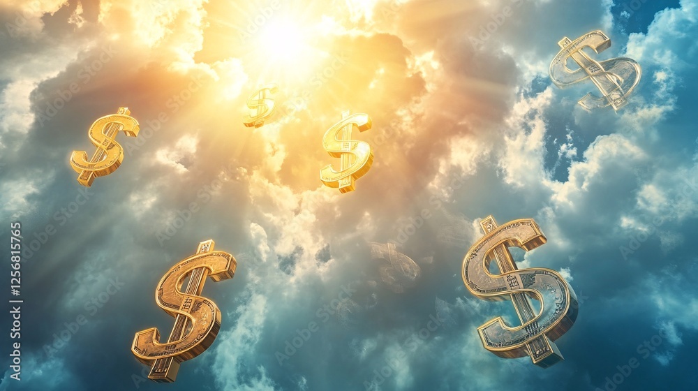 Poster dollar signs floating up to a bright sky with sun rays