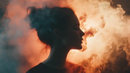 Silhouette of a woman in a cloud of smoke