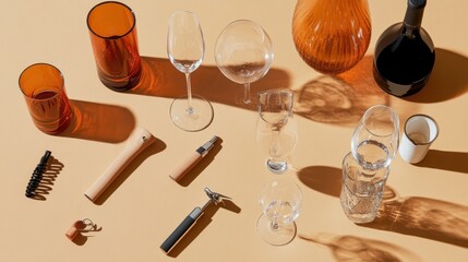 Amber Glassware and Wine Accessories on Beige Background