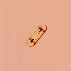 Skateboard on peach background, overhead view, minimalist design, for website or social media
