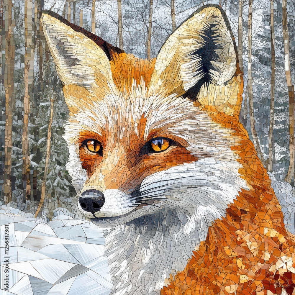 Leinwandbilder mosaic fox portrait with intricate patterns set against a snowy forest background showcasing winter 