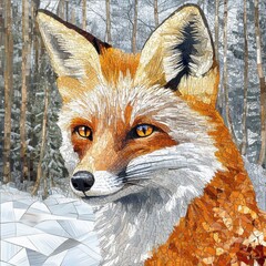 Obraz premium Mosaic fox portrait with intricate patterns set against a snowy forest background showcasing winter beauty. Generative AI
