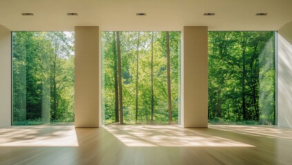 Modern Room Design: Sunlight Streams Through Floor-to-Ceiling Windows, Showcasing Serene Forest Views. Tranquil Interior Architecture.