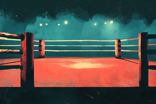 An illustration of an empty boxing ring under bright lights
