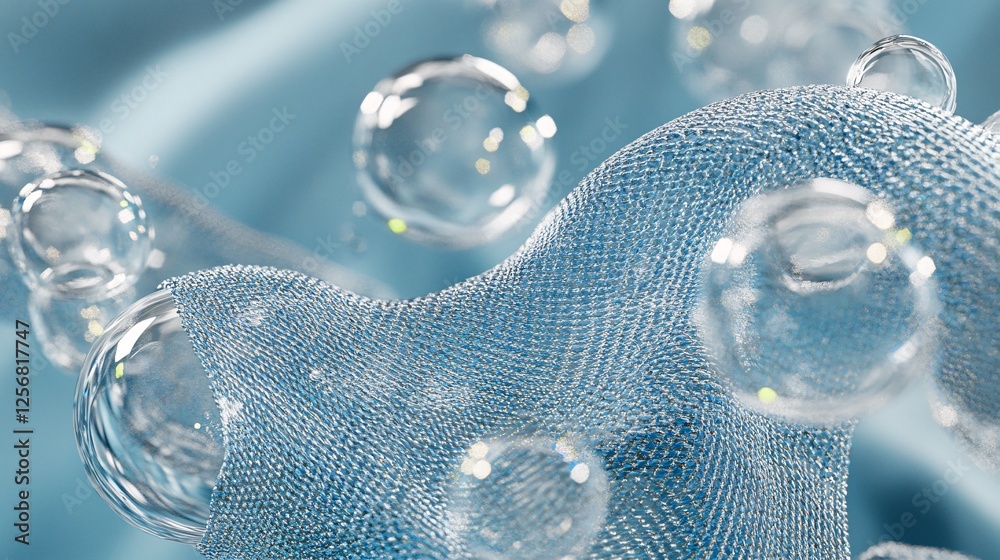 Aufkleber abstract blue fabric with bubbles floating above on blue background