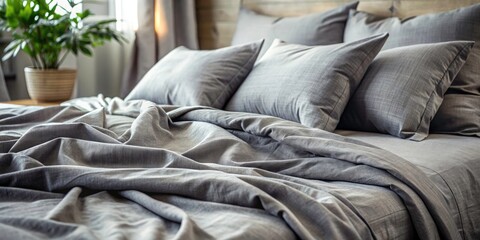 Obraz premium Gray Linen Bedding Closeup, Luxury Bedroom Texture, Wrinkled Fabric Detail, Soft Elegant Bed Linens
