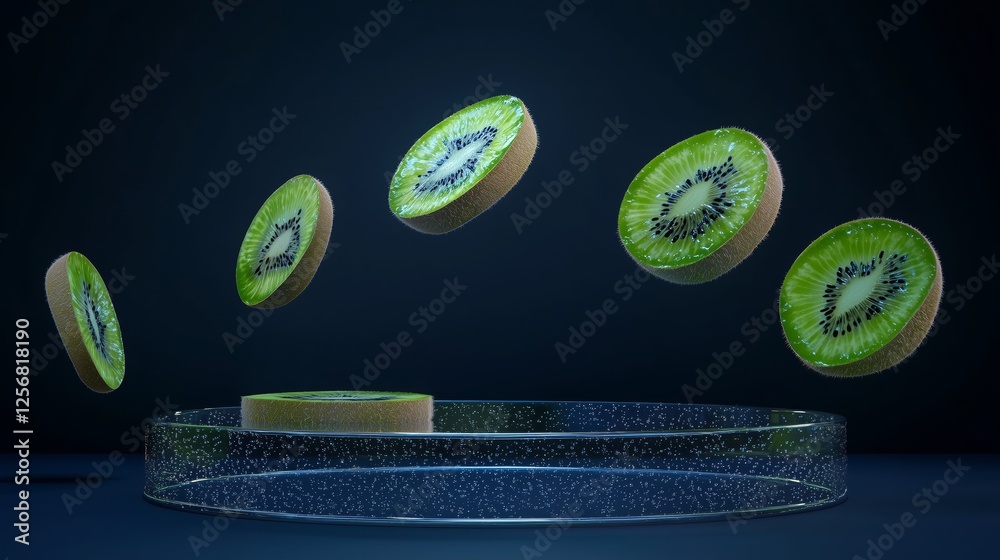 Poster surreal floating kiwi slices above transparent podium background