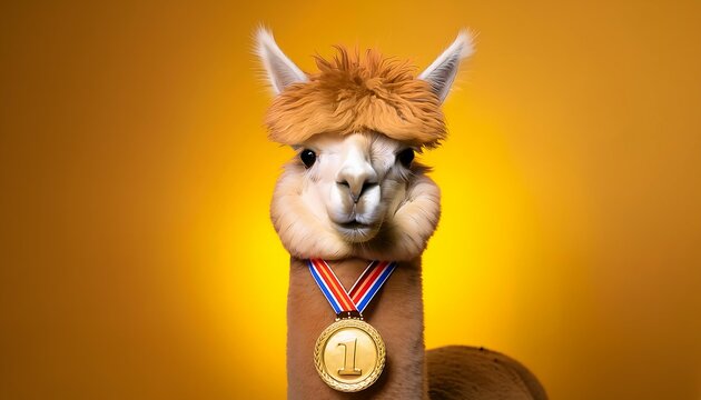 Fluffy Happy Alpaca Wearing a Gold Medal on a Vibrant Colorful Studio Background