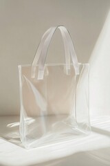 Empty transparent tote bag standing on white surface