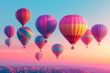Fototapeta premium Colorful Hot Air Balloons in the Sky at Sunrise Over Mountain Range