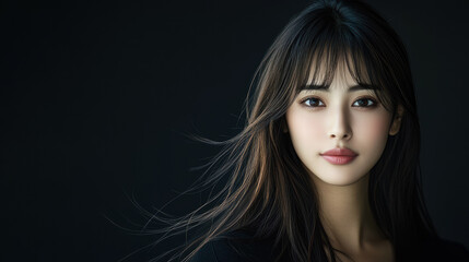 Naklejka premium 黒い背景のロングヘアが美しいアジア人女性
