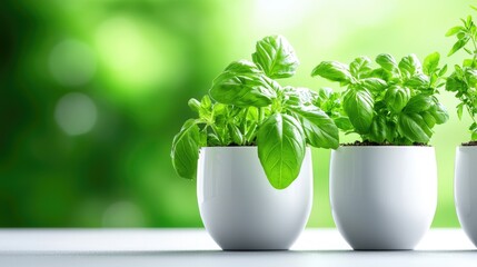 Fototapeta premium Fresh green basil plants growing in white ceramic pots on a table against a bright blurred green background.