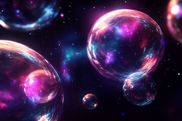 Colorful Cosmic Bubbles Floating in a Starry Space Background