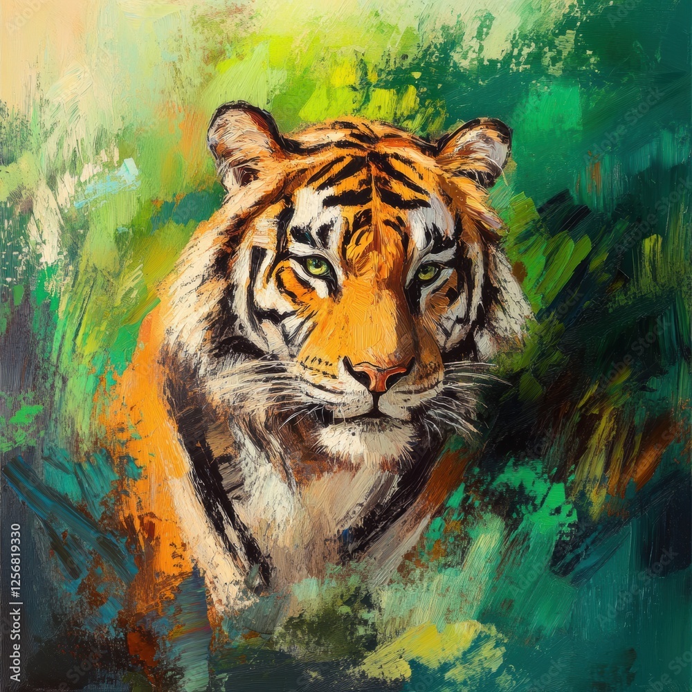 Fototapete vibrant impressionist tiger portrait set in a lush jungle background with space for dynamic text dis