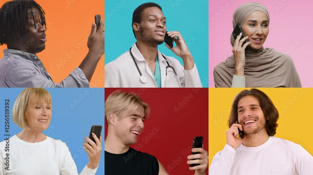 Aufkleber a multiethnic collection of men and women use smartphones while communicating. the vibrant backgroun