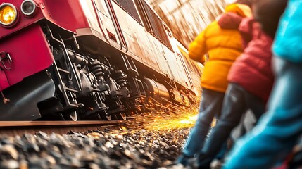 Obraz premium Vibrant scene of a train speeding past on tracks with colorful figures observing in autumn
