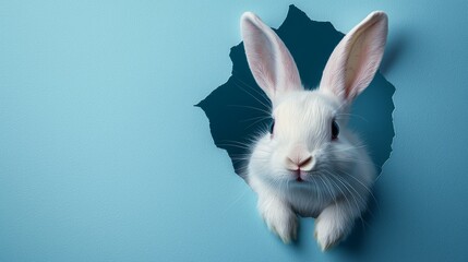 Obraz premium Cute Rabbit Peeking Through Blue Wall Hole