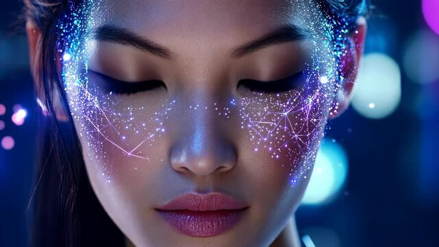 Creative makeup design featuring glowing constellations on a model's face at a nighttime event