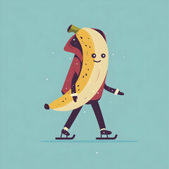 Fototapeta premium Happy banana ice skating in winter. Fun illustration for winter holidays, cards, or social media