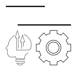 Outline of a head with arrows inside representing idea generation near a gearwheel symbolizing process and efficiency. Ideal for creativity, innovation, development, problem-solving, strategy
