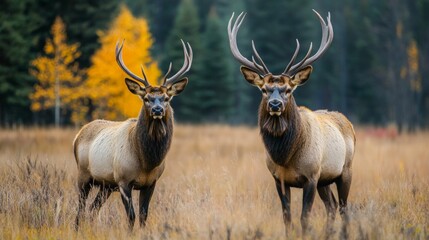 Two majestic elk standing in a field with a fall backdrop