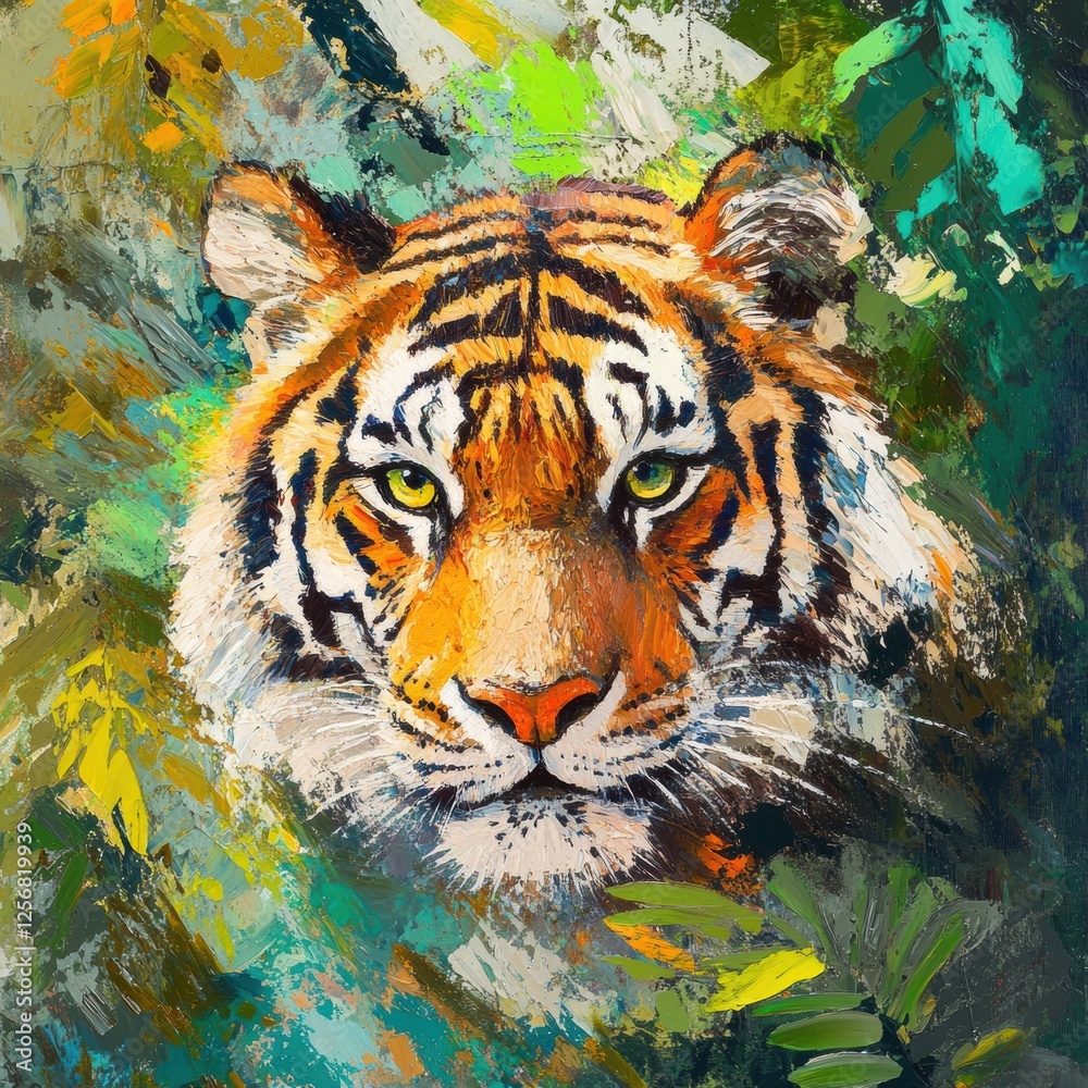 Leinwandbilder vibrant tiger portrait surrounded by lush jungle foliage with space for text in a colorful impressio