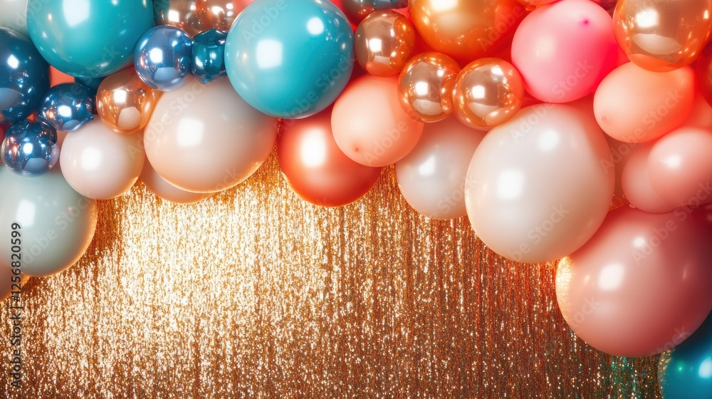 Aufkleber festive party backdrop featuring colorful balloons and shimmering tinsel for celebrations and specia