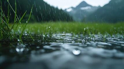 Fototapeta premium Raindrops falling on a wet puddle in a green mountain meadow during a rainy day.