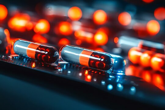 Close-Up of Colorful Medicine Capsules on a Circuit Board