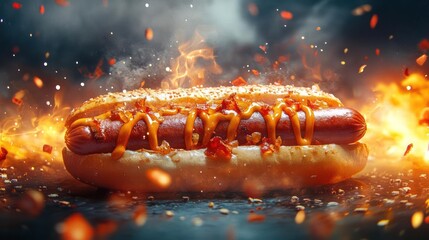 A hot dog with ketchup and mustard on a bun.