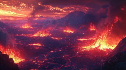 Volcanic eruption landscape at fiery sunset