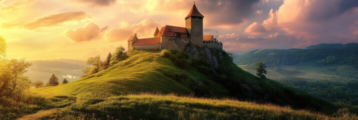 Fototapeta premium Medieval castle stands proudly on a green hill with a vibrant sunset sky painting the backdrop. Generative AI
