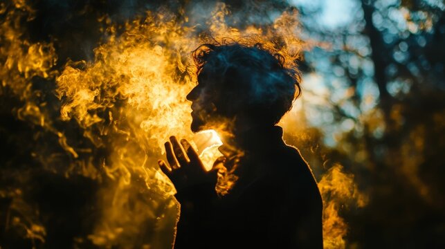 Silhouette of a man praying in front of a burning fire