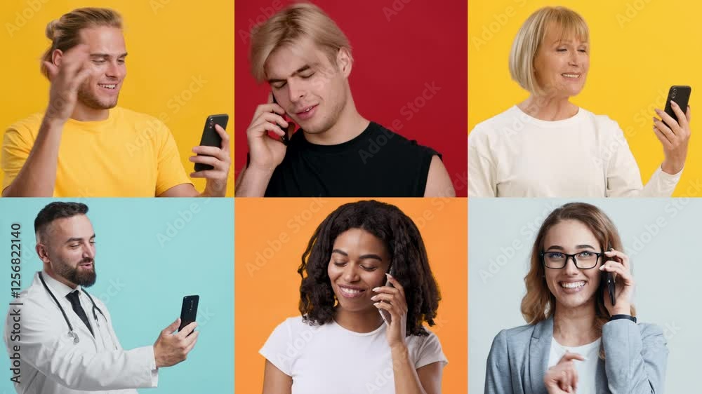 Poster a collection of multiracial individuals using smartphones in vibrant settings. each person expresses