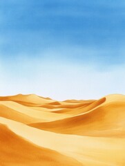 Golden sand dunes illuminated by sun in a serene landscape under a clear blue sky. Generative AI