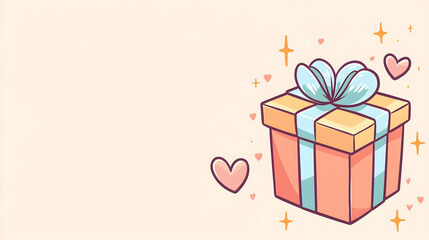 Festive gift box with ribbon and hearts; pastel background; ideal for celebrations and online promotions